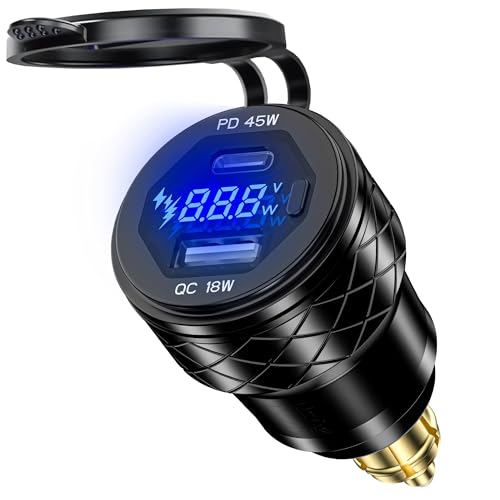 DIN Hella Plug to USB Charger, 45W USB-C PD3.0 & 18W QC3.0 Motorcycle USB Outlet for BMW Triumph Ducati, Waterproof Dual Fast Charge Powerlet Socket with LED Voltmeter