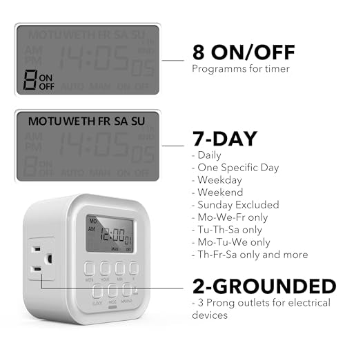 HBN 7 Day Heavy Duty Digital Timer, Dual Outlet, On/Off Programs 3-Prong Programmable Timer, Indoor, for Lamp, Light, Fan, Pets, Home, Kitchen, Office, Appliances, 125V, 15A, 1875W, 60Hz