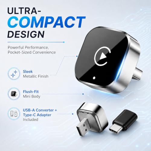Wireless CarPlay Adapter, 2-in-1 Wired to Wireless CarPlay and Android Auto, Plug and Play, Fast Auto Reconnect, Mini Dongle with USB-A to USB-C Adapter