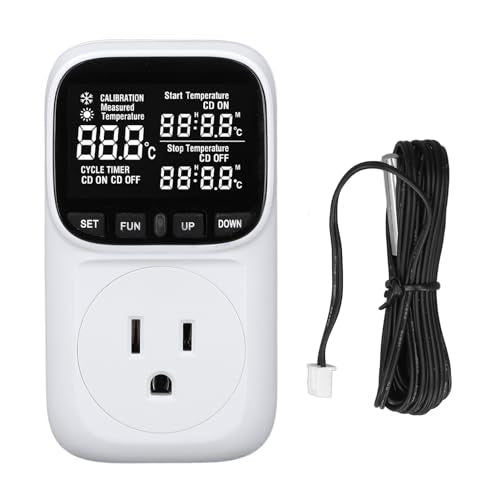 Digital Thermostat Plug Socket, LCD Backlit Screen Temperature Controller with IP67 Probe, Heating Cooling Switch Outlet for Fish , Greenhouse, Reptile Terrarium