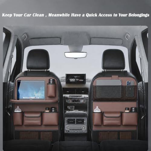 2 Pack Leather Car Backseat Organizer with Foldable Table Tray, Universal Car Seat Back Protector Kick Mat with Touchscreen Tablet Holder, Storage Pockets, Cup Holders & Tissue Holder, Brown - color: Brown
