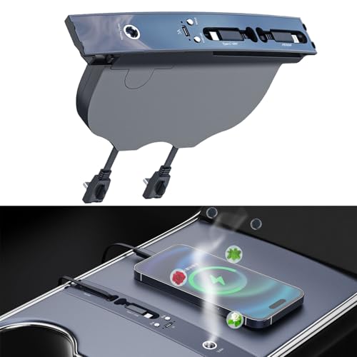 Car USB Hub with Smart Aromatic System Hub Charger for Tesla Model 3 2021-2023 / Model Y 2021-2025 Multifunctional Tesla Accessories with Retractable Fast Charging line