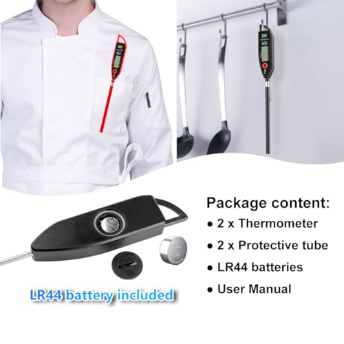 BOMATA 2 Pack Waterproof IPX7 Meat Thermometer Instant Read Food Thermometer with Long Probe for Water, Liquid, Kitchen Cooking, Grill,BBQ ! T101 X 2 Pcs (Black & Red)… - color: Black & Red