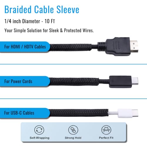 1/4" - 10Ft Split Braided Cable Sleeve, Wire Loom Tubing, Black - size: 1/4" - 10Ft