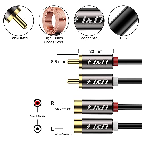 J&D 2 RCA Extension Cable, RCA Male to Female Stereo Cable, 15 ft - size: 15 Feet