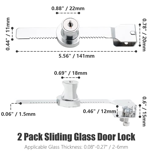 2 Pack Sliding Glass Door Lock Showcase Display Case Lock, Ratchet Lock Reptile Cage Lock and Key, Vivarium Lock for Drawer Cabinet, Fit Thickness 0.08-0.27 Inch / 2-6mm, Keyed Alike - size: 5.56 inch / 141mm