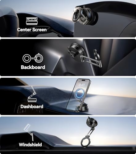 【Vacuum Suction Folding Car Mount】Magnetic Car Phone Holder for magsafe, Aerospace Alloy Arm, Best Dashboard/Windshield/Screen Holder for Your Car/Tesla/Gym/Mirror/Shower/Smooth Surface/iPhone - size: Windshield+Dash+Mag Safe