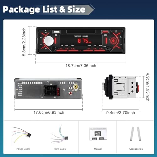 Single Din Car Stereo with Bluetooth 5.0 Hands Free Calling Digital Car Stereo Receiver FM Radio Car Mp3 Player Audio Multimedia System with 2 USB/AUX FM Radio USB Quick Charge LCD Digital Display