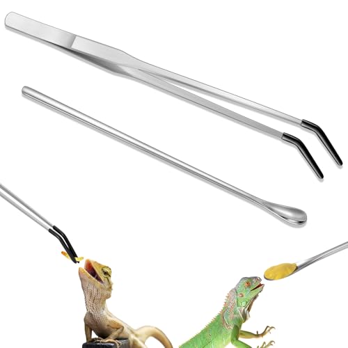 Lasnten 2 Pcs Stainless Steel Reptile Feeding Tong, Feeding Spoon for Bearded Dragon Snake, 10.5'' Aquarium Curved Tweezer with Rubber Tip, Terrarium Feeder Tool for Crested Gecko Tank Accessories