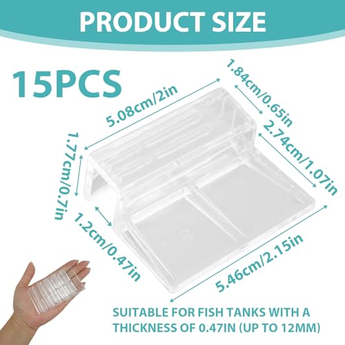 15 Pcs Rimless Aquarium Lid Clips for 11-12mm Glass, Clear Acrylic Aquarium Cover Support Clamps for Fish Tank Lid Holder, Plastic Tank Top Clips for Glass Canopy or Piscine Hoods and Covers