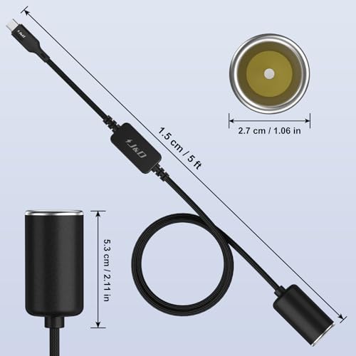 J&D USB C Male to 12V Car Cigarette Lighter Socket Female Converter Cable, 12V 18W Power Cable for Dash Cam, GPS, Car LED Light Strips, Black, 5 ft - color: Black, size: 5 ft