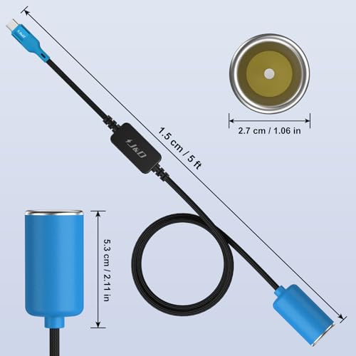 J&D USB C Male to 12V Car Cigarette Lighter Socket Female Converter Cable, 12V 18W Power Cable for Dash Cam, GPS, Car LED Light Strips, Blue, 5 ft - color: Blue, size: 5 ft