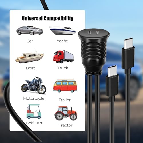 Dual Port USB C 2.0 Male to USB C 2.0 Female Extension Cable,Flush Mount Waterproof Panel Cable for Car,Truck,Boat,Motorcycle Dashboard 3.3ft - style: Dual USB C 2.0