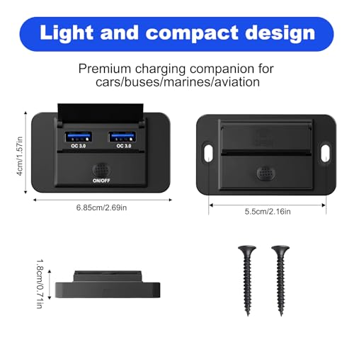 12V Flush Mount USB Charger with Power Switch, Multi-Port Car Charger for RV, Boat, Car, Bus, ATV, Motorcycle - Panel Mount Charging Accessories (QC+QC)