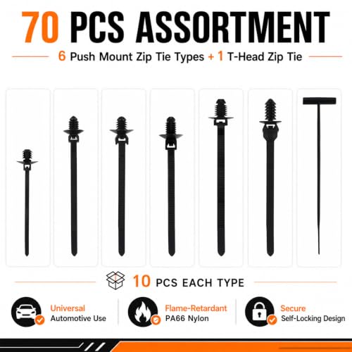 70 PCS Push Mount Zip Ties, Flame Retardant PA66 Nylon Cable Ties, 6 Types Push Pin Zip Ties and 1 Type T-Head Tie, Automotive Wire Harness Clips, Christmas Tree Fasteners, Black