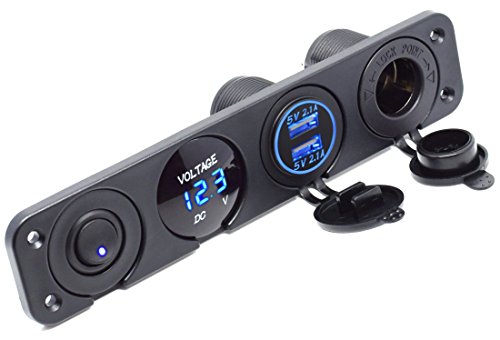 Dual USB Socket Charger 2.1A&2.1A + LED Voltmeter + 12V Power Outlet + ON-Off Toggle Switch Four Functions Panel for Car Boat Marine RV Truck Camper Vehicles GPS Mobiles (Blue) - color: Blue