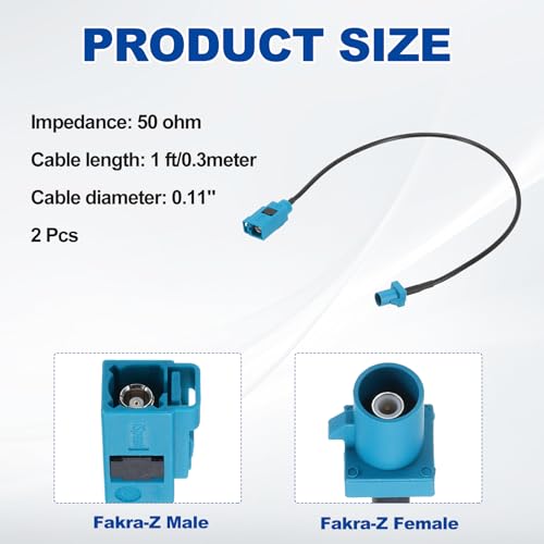 uxcell 2Pcs Antenna Extension Cable, 1ft/0.3meter Fakra-Z Male to Fakra-Z Female RF Coax Cable for Car Stereo Head Unit GPS Navigation FM AM Radio RG174 - size: 1ft/0.30m