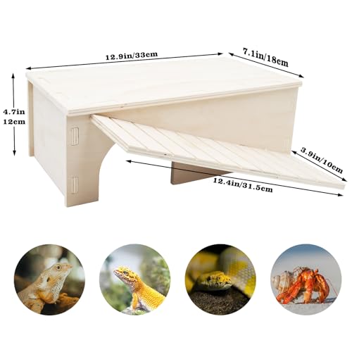 2-in-1 Wooden Hide Cave with Ramp & Basking Platform – Reptile Hideout & Tank Accessory for Bearded Dragons, Geckos, Snakes - size: Large