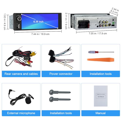 6.36 inch Single Din Car Stereo with CarPlay&Android Auto HD IPS Touchscreen Radio with Bluetooth 5.0, 720P BackupCamera with 6M Cable, Support USB Type-C Charging/USB/Microphone/FM/EQ/GPS/SWC