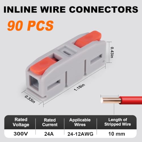 90PCS AVARBUVO Lever Wire Connectors, Mini Quick Connector Push-in, 1 in 1 Out Electrical Wire Inline Terminal for Splicing 24-12 AWG - size: 90PCS