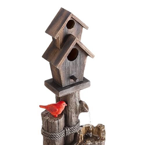 Alpine Corporation 35" Tall Outdoor 3-Tier Birdhouse Water Fountain with Cardinal Accent, Rustic Floor Decor for Garden and Patio, Brown - style: 3- Tiered Log & Branch