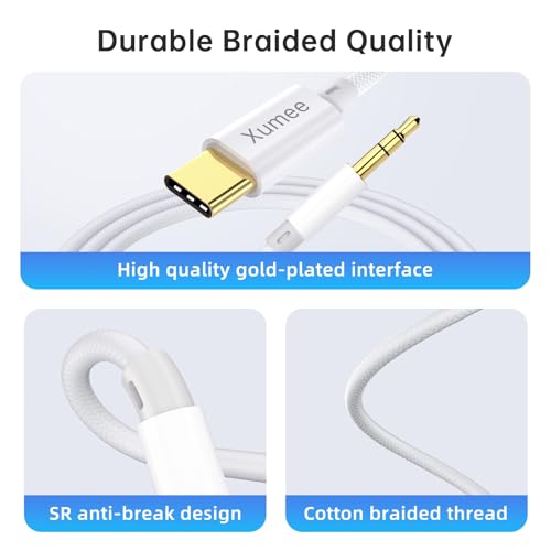Xumee USB C to 3.5mm Aux Cable 4ft, Aux to USB C Audio Jack Cord with Built-in DAC (16-Bit/48 kHz), Cotton Braided, Gold-Plated Connectors, for iPhone 15/16/17 Series, for Samsung Galaxy and More