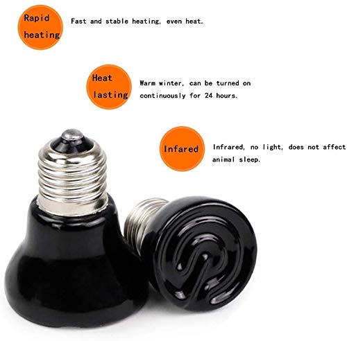50W Mini Reptile Heat Lamp Bulb(2 Pack) E26/E27 Base,AC110-120V,Pet Infrared Ceramic Heat Emitter, or Reptile Like Lizard,Tortoise,Brooder Coop, Aquarium,Snake,No Light,Black