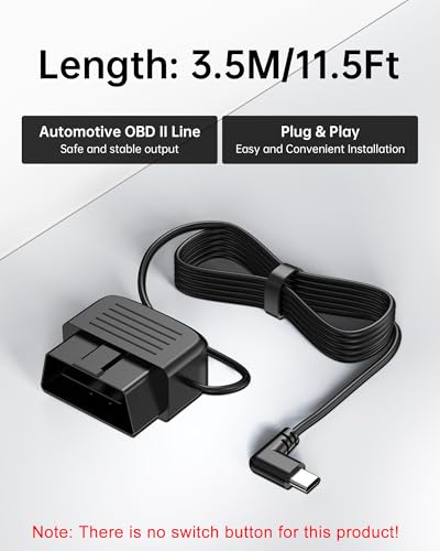 OBD OBD2 Power Cable for Dash Camera, OBDII to USB C Adapter Hardwire Kit 24 Hours Surveillance with Low Voltage Protection(11.6V Auto-Cutoff) for Dashcam, GPS, Radar, 12-36V to 5V/3A (3.5m/11.5ft)