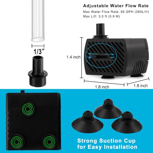 PULACO 95GPH 5W Mini Submersible Water Pump with 3.3 ft Tubing for Aquarium Fish Tank, Pond, Fountain, Hydroponics