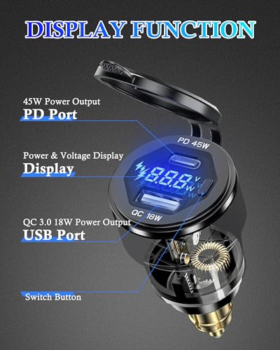 DIN Hella Plug to USB Charger, 45W USB-C PD3.0 & 18W QC3.0 Motorcycle USB Outlet for BMW Triumph Ducati, Waterproof Dual Fast Charge Powerlet Socket with LED Voltmeter
