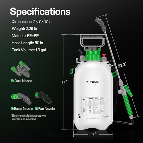 VIVOSUN 1.35 Gal/5L Pump Sprayer, Garden Water Sprayer for Plants, Weeds & Lawn Care, with 3 Nozzles, 50'' Long Hose & Pressure Relief Valve (Pack of 2) - size: 1.35 gal (Pack of 2)