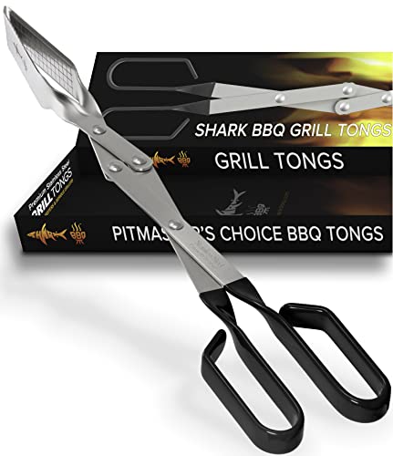 Tongs for Steaks, 2-Pack 17" & 13" Professional Kitchen and Outdoor Grilling Utensil Set, by Shark BBQ Grill Tongs -(Black) - color: Black 2X Steak Tongs