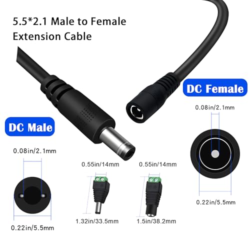 Dianrui 4 PCS 33FT(10M) Dc Power Extension Cable, 5.5mm x 2.1mm 12V Dc Extension Cord Power Adapter for Security Camera CCTV/Printers/Routers with Power Jack Adapter Connectors (2 x Male + 2 x Female) - size: 4X33FT
