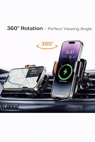 Car Phone Holder with Wireless Charger, Auto Clamping Car Mount, Fast Charging Phone Holder for iPhone & Android, Dashboard Windshield Air Vent Mount