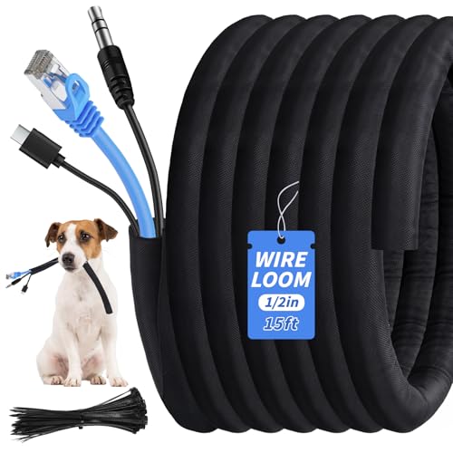 15ft - 1/2in Split Braided Sleeve Cable Management, Self-Wrapping - size: 1/2inx15ft