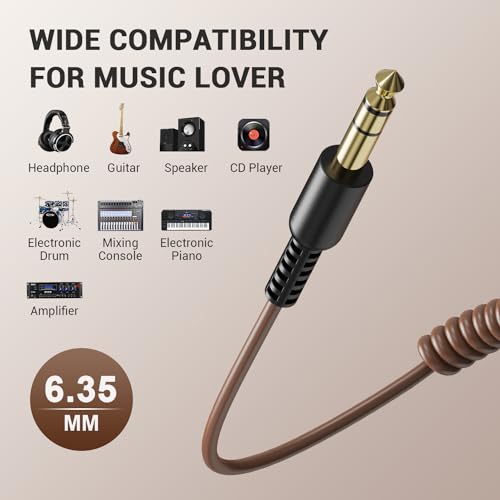 OneOdio 6.35mm to 3.5mm 6.6-9.8FT Stereo Adapter Cable Compatible with AMPs, Electronic Keyboards, Mixers, Guitars and Pro10/Pro30/Pro50 Headphones of OneOdio-Brown - color: Brown