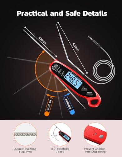 Instant Read Meat Thermometer Digital with Dual Probe, Food Thermometer for Cooking & Grilling, Large Backlit & Calibration, for Kitchen/Oven/Grill/Smoker/BBQ/Candy/Oil Fry, Gifts for Men & Dad - color: Red