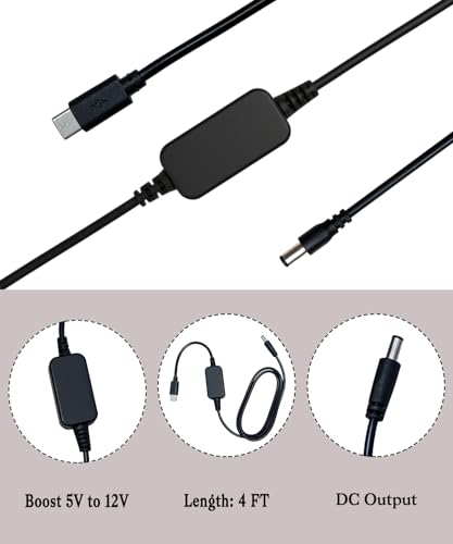 Baby Car Camera USB-C Powered Adapter, 5V to DC 12V 4FT Step Up Power Cable