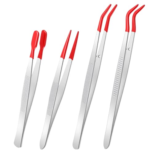 4 Pcs Rubber Tipped Tweezers PVC Coated Craft Tweezers for Stickers Straight Tip Flat Tip Long Bent Tweezer Pointed Tips for Crafts Stamps Electronics Beads Jewelry Lab Work
