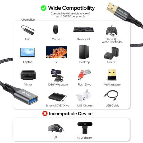 USB Extension Cable 3ft Pack of 2, USB-A 3.0 5Gbps Data Transfer 15W Charge