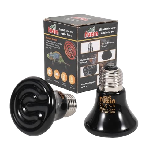 50W Mini Reptile Heat Lamp Bulb(2 Pack) E26/E27 Base,AC110-120V,Pet Infrared Ceramic Heat Emitter, or Reptile Like Lizard,Tortoise,Brooder Coop, Aquarium,Snake,No Light,Black