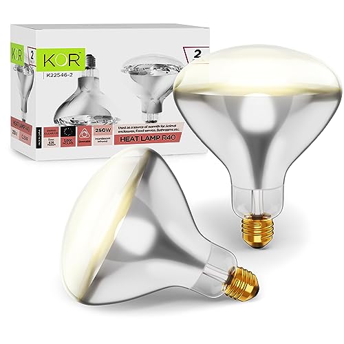 KOR 250 Watt R40 Clear Heat Lamp Light Bulb, Incandescent Reflector, Head Lamp, Heat Flood Lamp Light Bulb, E26 Standard Medium Screw Base, 120V, 2,000 Hour Rated, 2 Pack - color: Clear
