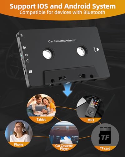 Car Audio Bluetooth 5.1 Cassette Receiver, Cassette Bluetooth Adapter for Car Tape Player, Wireless Cassette Aux Adapter with Hands-Free Calling, Compatibility with Smartphones, Tablets, MP3, TF Card