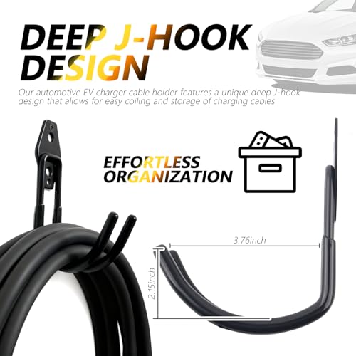 J Hooks EV Charger Holder Wall Mount,66LB Heavy-Duty EV Charging Cable Holder with Non-Slip Coating,Universal EVs Cable Holders as Garage Organizer for Indoor & Outdoor Use