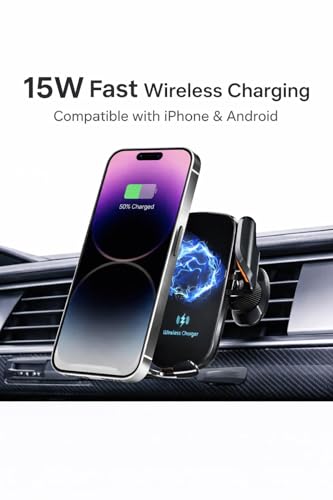 Car Phone Holder with Wireless Charger, Auto Clamping Car Mount, Fast Charging Phone Holder for iPhone & Android, Dashboard Windshield Air Vent Mount