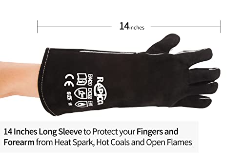 RAPICCA Fireplace Fire Pit Gloves, 662°F Fireproof Leather, 14 in Black | For Wood Stove, Campfire, Charcoal, Cast Iron, BBQ Grill, Oven, Stick & MIG Welding, Forge, Dry Ice - color: Black(length 14in)