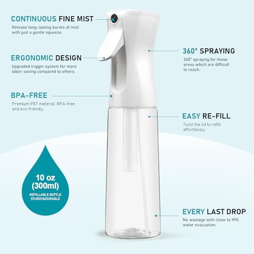 ELEMSY Spray Bottle For Hair (2 Pack 10 OZ) Continuous Mister Empty Spray Bottles, Ultra Fine Mist Water Sprayer for Hairstyling, Cleaning, Plants, Pets, Barbers, Salons, Essential Oil Scents - style: White & Black, 10 OZ