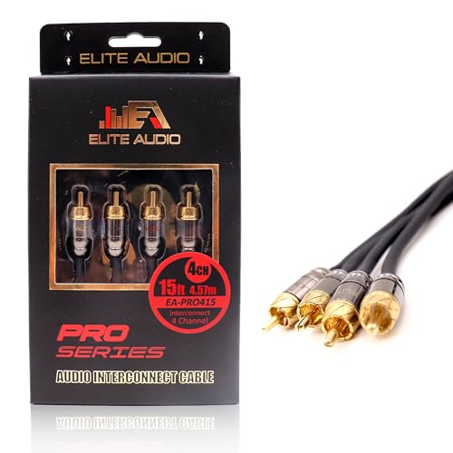 Elite Audio Pro Series 15ft. 4-Channel Car Audio RCA Cable - Triple Shielded, Brass Connectors, Oxygen Free Copper Noise Reducing Audio Cable for Amplifiers Subwoofers Speakers and Processors – PRO415 - color: 4-Channel, size: 15' (ft)
