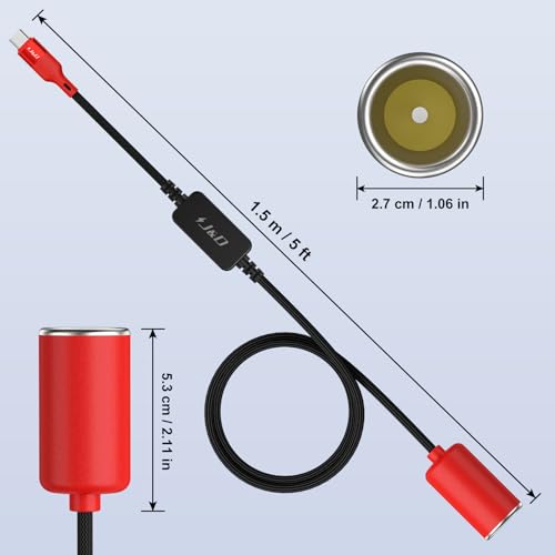 J&D USB C Male to 12V Car Cigarette Lighter Socket Female Converter Cable, 12V 18W Power Cable for Dash Cam, GPS, Car LED Light Strips, Red, 5 ft - color: Red, size: 5 ft