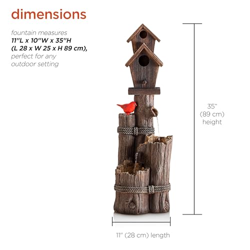 Alpine Corporation 35" Tall Outdoor 3-Tier Birdhouse Water Fountain with Cardinal Accent, Rustic Floor Decor for Garden and Patio, Brown - style: 3- Tiered Log & Branch